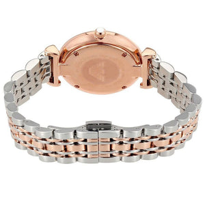 Rose gold and silver watch with a white background
Side profile of Armani AR1840 Rose Gold Watch showing signature T-Bar lugs