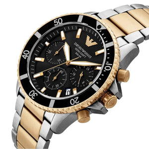 Luxury watch with black dial and gold accents on a white background
Emporio Armani AR11680 World Explorer Men's Solar Watch Black Dial Two-Tone