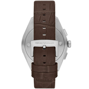 Back case of Armani AR11482 watch showing engraved logo and serial number