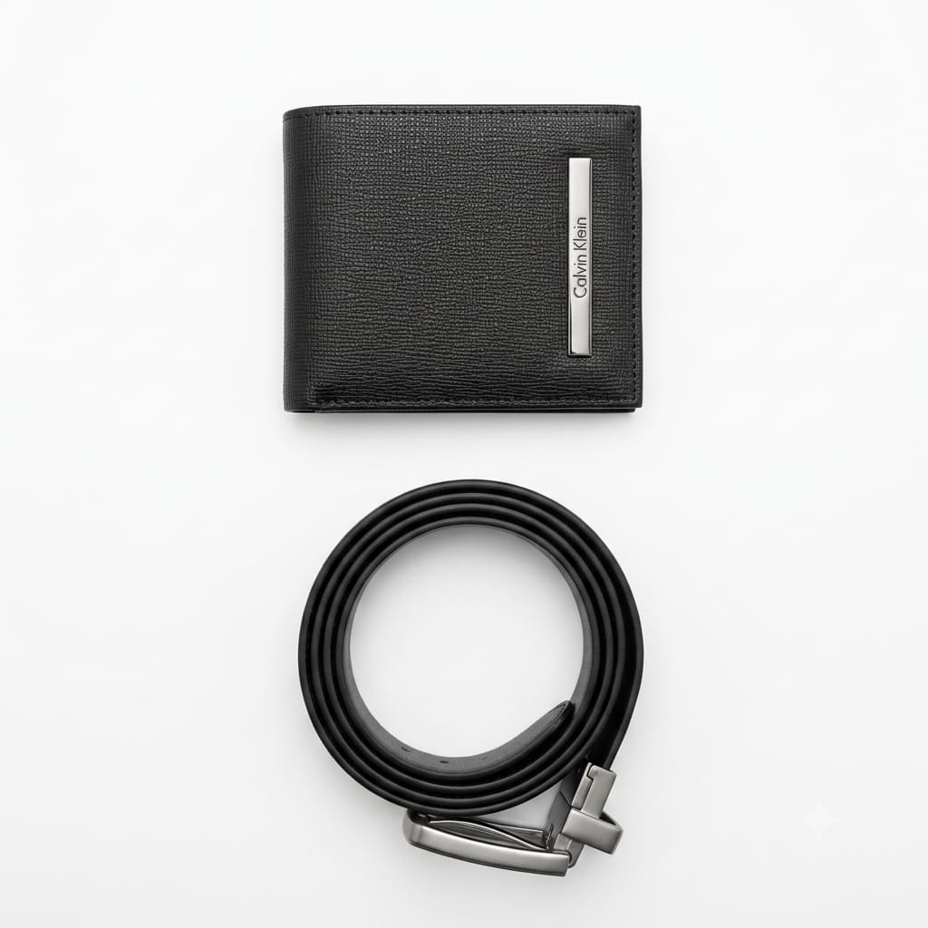 Calvin Klein Men's Mirror Original Smooth Leather Reversible Belt and Bifold Wallet Gift Set - Black & Brown