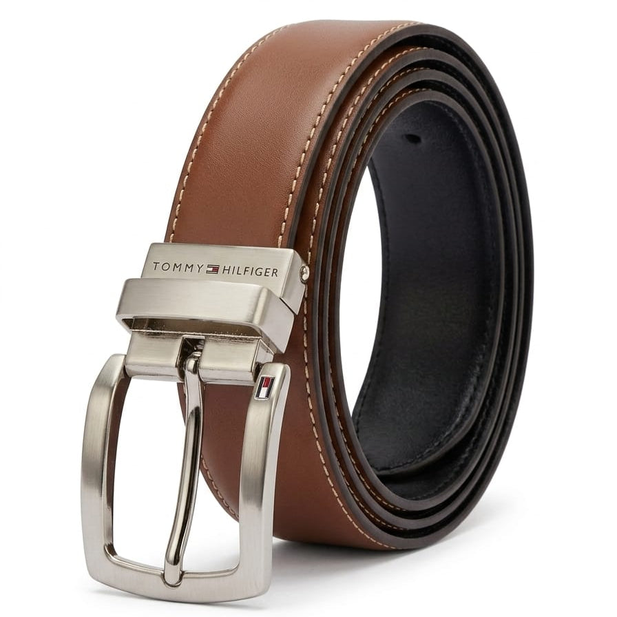 Tommy Hilfiger Men's Mirror Original Reversible Leather Belt - Black & Brown Double-Face - Silver Flag Buckle