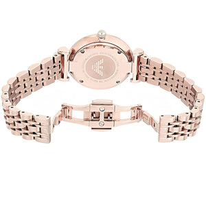 Rose gold watch with a brand logo on a white background