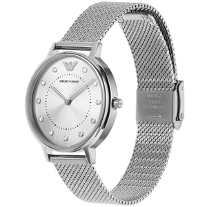 Right side profile view of the slim 6mm silver-tone case on the Emporio Armani AR11128