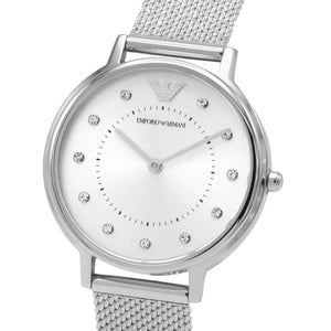 Left side perspective showing the polished silver finish and mesh bracelet connection