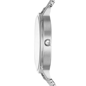 Angled front view of AR11128 highlighting the minimalist dial and sleek mesh strap