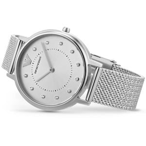 Detailed angled view focusing on the woven texture of the silver-tone stainless steel mesh bracelet