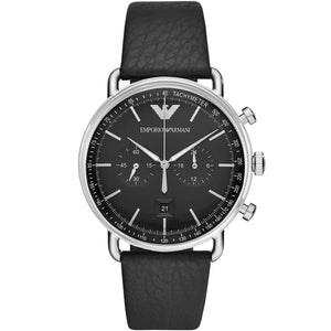 Emporio Armani AR11143 Aviator Men's Watch Black Dial Silver Case Leather Strap