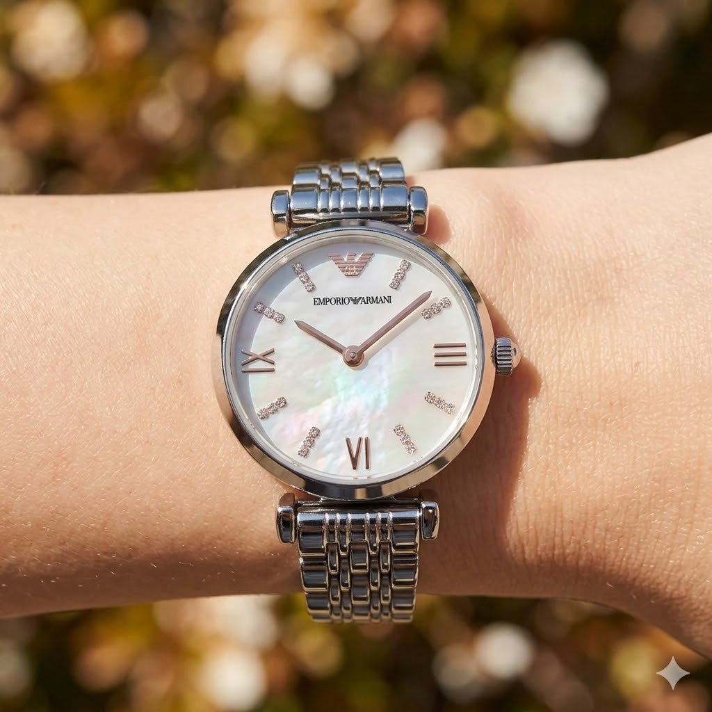 Close up shot of AR11204 highlighting the white mother of pearl dial with crystal markers and rose gold accents