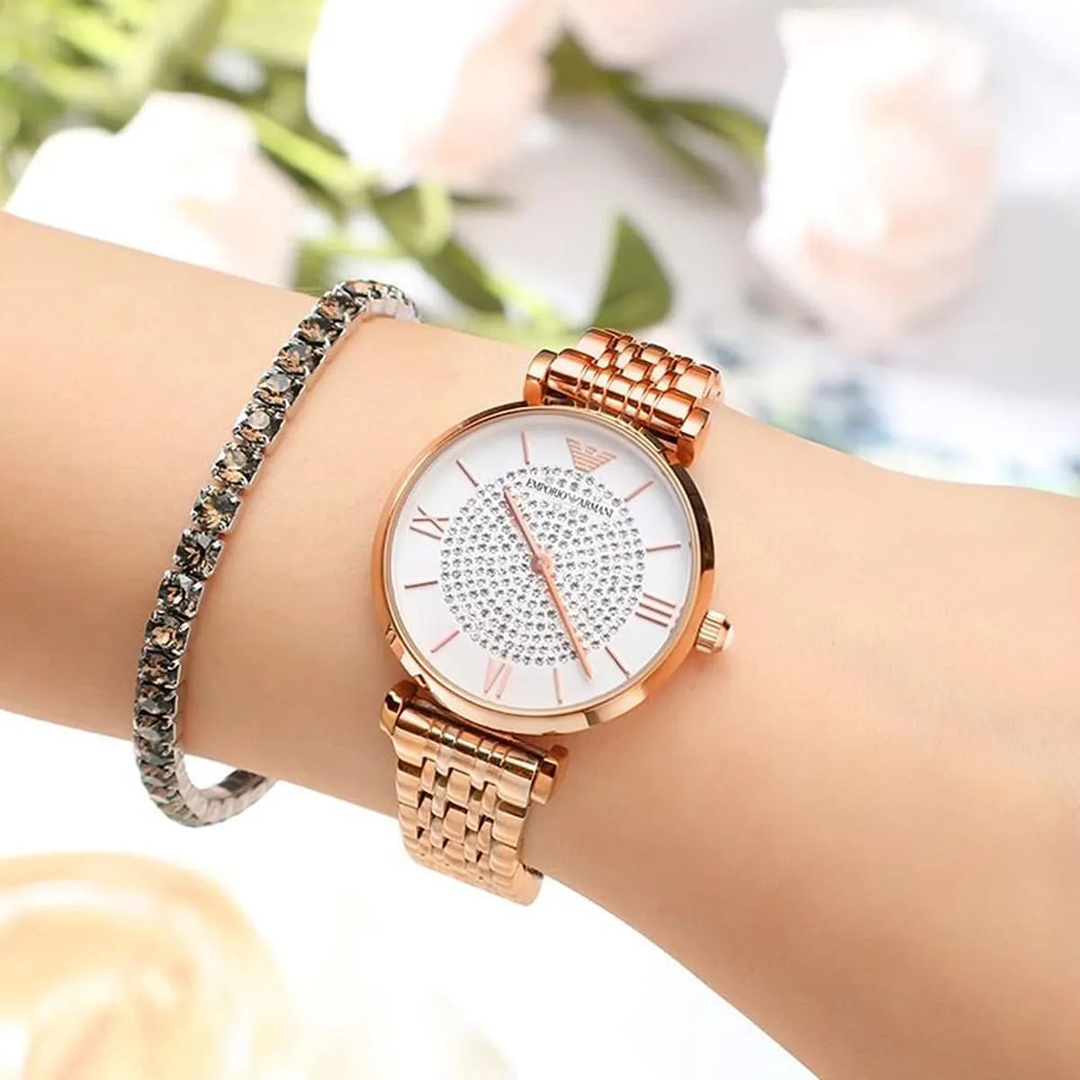 Emporio Armani Gianni T-Bar AR11244 Round Rose Gold Tone Stainless Steel Crystal Pave Dial Women Watch