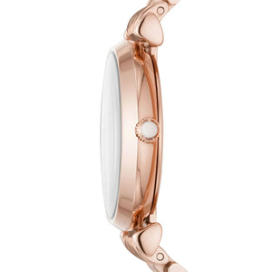 Angled front view of AR11244 highlighting the beautiful crystal dial and sleek metal strap