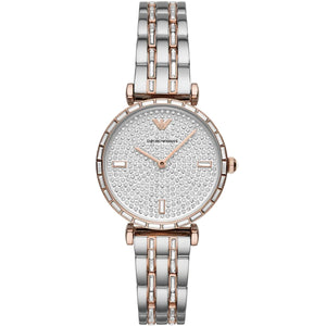 Emporio Armani AR11293 Women’s Crystal Dial Two-Tone Silver Rose Gold Stainless Steel Gianni T-Bar Watch - Luxury Hub Store