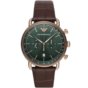 Emporio Armani AR11334 Men’s Green Dial Brown Leather Aviator Chronograph Watch - Luxury Hub Store
