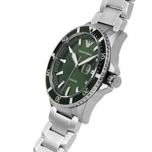 Angled front view of Emporio Armani AR11338 showing the rotating green diver bezel