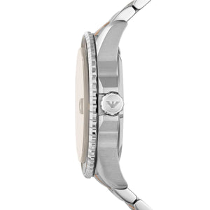 Side view of Emporio Armani AR11340 showing silver crown and rotating bezel