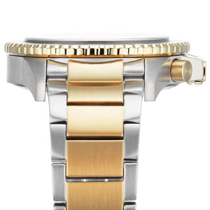 Detailed view of two-tone silver and gold stainless steel link bracelet for AR11361