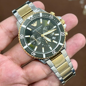 Emporio Armani AR11361 Diver Men's Watch Green Dial Two-Tone Gold Silver 100m