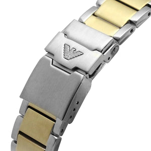 Detailed view of two-tone silver and gold stainless steel link bracelet for AR11361