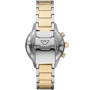 Back case of Emporio Armani AR11362 showing 100 meters water resistance and eagle logo