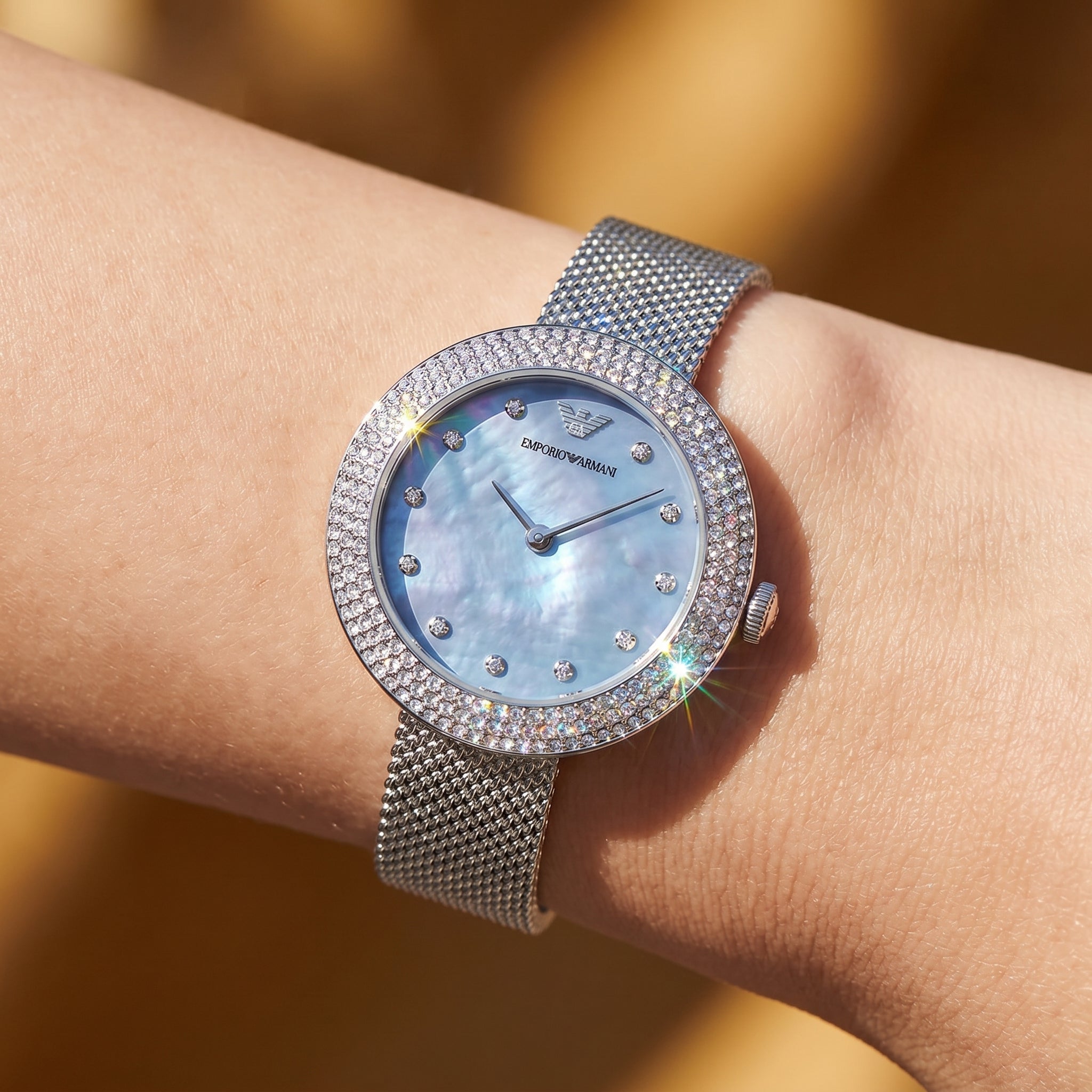 Close up shot of AR11380 highlighting the blue mother of pearl dial and crystal set bezel