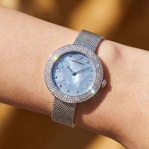 Close up shot of AR11380 highlighting the blue mother of pearl dial and crystal set bezel