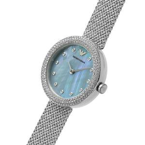 Left side perspective showing the polished silver finish and mesh bracelet connection