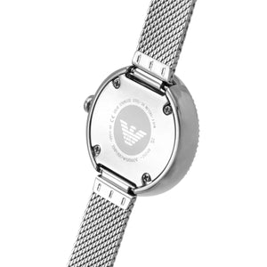 Silver watch with mesh band on a white background