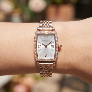 Close up shot of AR11406 highlighting the silver dial with crystal markers and roman numerals