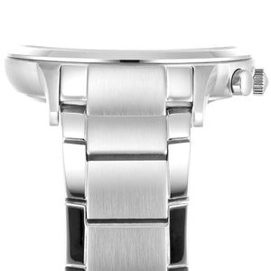 Side view of Emporio Armani AR11458 polished silver case and chronograph pushers