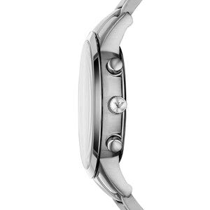 Side view of Emporio Armani AR11458 polished silver case and chronograph pushers