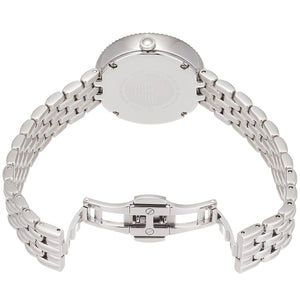 Inside view of the secure folding clasp on the Emporio Armani women's silver watch