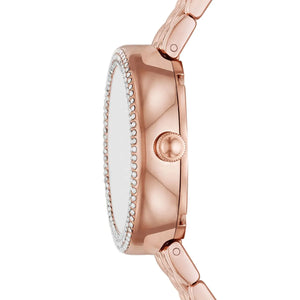 Left side perspective showing the polished rose gold finish and double pave crystal bezel
