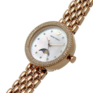 Rose gold watch with diamond-studded face on a white background