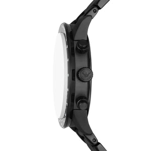Angled front view of Emporio Armani AR11472 showing black tachymeter bezel and green dial