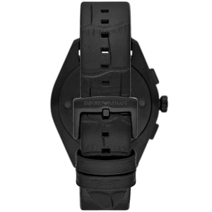 Caseback of Emporio Armani Claudio AR11483 men's quartz battery watch showing technical specs black dial and leather strap