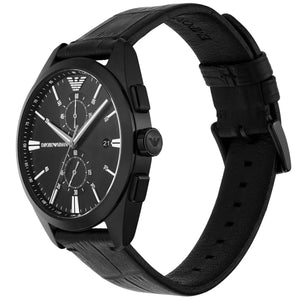 Left angled view of Emporio Armani Claudio AR11483 men's quartz battery watch showing black leather strap and black-tone case profile