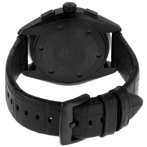 Caseback of Emporio Armani Claudio AR11483 men's quartz battery watch showing technical specs black dial and leather strap