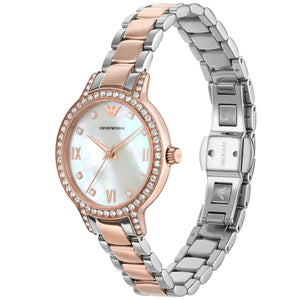 Angled view of the Armani AR11499 showing the iridescent pearl dial and two-tone finish
