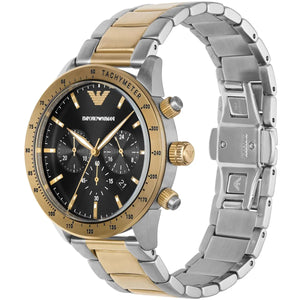 Angled front view of Emporio Armani AR11521 showing gold bezel and crystal reflections