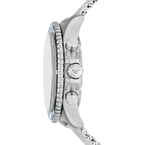 Detailed view of silver-tone crown and pushers on Emporio Armani Diver AR11587 men's quartz battery watch with blue dial