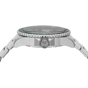 Side profile of the polished silver stainless steel case and crown of the Armani AR11589