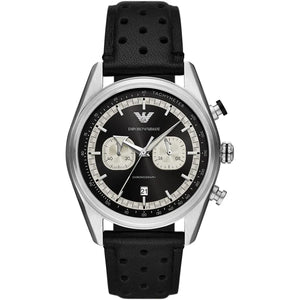 Emporio Armani Racer AR11635 men's quartz battery watch with black dial, silver-tone case, perforated black leather strap main view