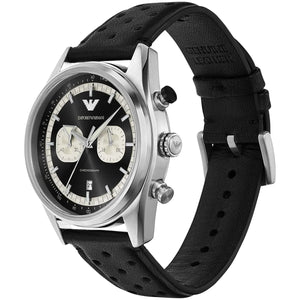 Left angled view of Emporio Armani Racer AR11635 men's quartz battery watch showing perforated leather strap and silver-tone case profile