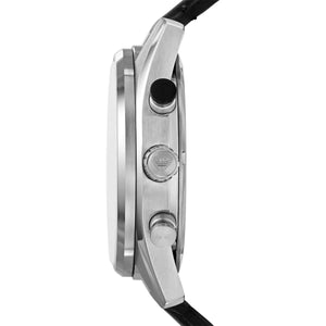 Side profile of Emporio Armani Racer AR11635 men's quartz battery watch showing 11mm thickness and silver finish