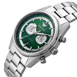 Left angled view of Emporio Armani Racer AR11637 men's quartz battery watch showing silver stainless steel bracelet and case profile