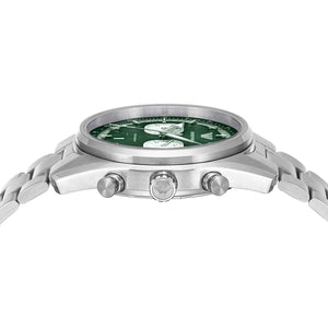 Side profile of Emporio Armani Racer AR11637 men's quartz battery watch showing 11mm thickness and silver finish