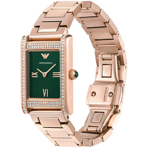 Angled front view of Emporio Armani AR11641 showing crystal-set bezel and glossy green dial