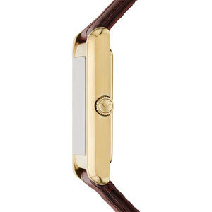 Angled shot of the Emporio Armani AR11665 showing the elegant vintage rectangular design
