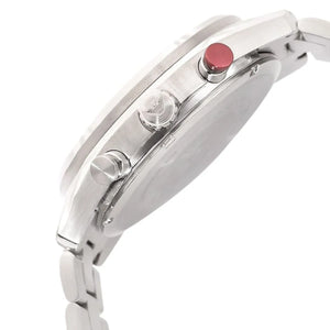 Side profile of Emporio Armani Racer AR11676 men's quartz battery watch showing 11mm thickness and silver finish