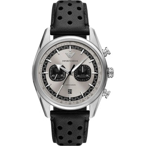 Emporio Armani Racer AR11677 men's quartz battery watch with silver dial, silver-tone case, perforated black leather strap main view