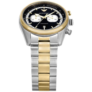 Right angled view of Emporio Armani Racer AR11678 men's quartz battery watch highlighting gold bezel and chronograph details